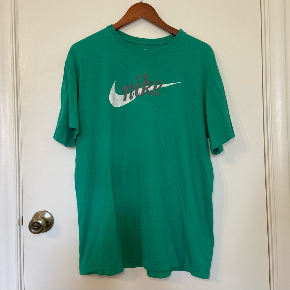 Nike T Shirt Mens L Green Short Sleeve Crew Neck All Cotton Retro 90s Graphic